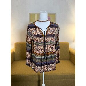 Gypsy Rose Women Floral Paisley Boho Peasant Blouse Lace Up V-Neck Top Multi